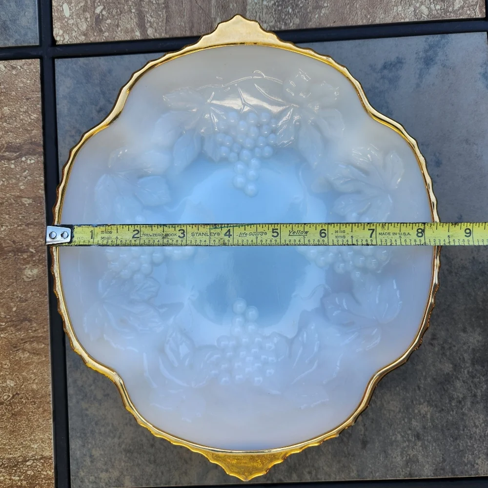 Vintage Anchor Hocking Milkglass Bowl With Grape & Vine Pattern and Gold Trim